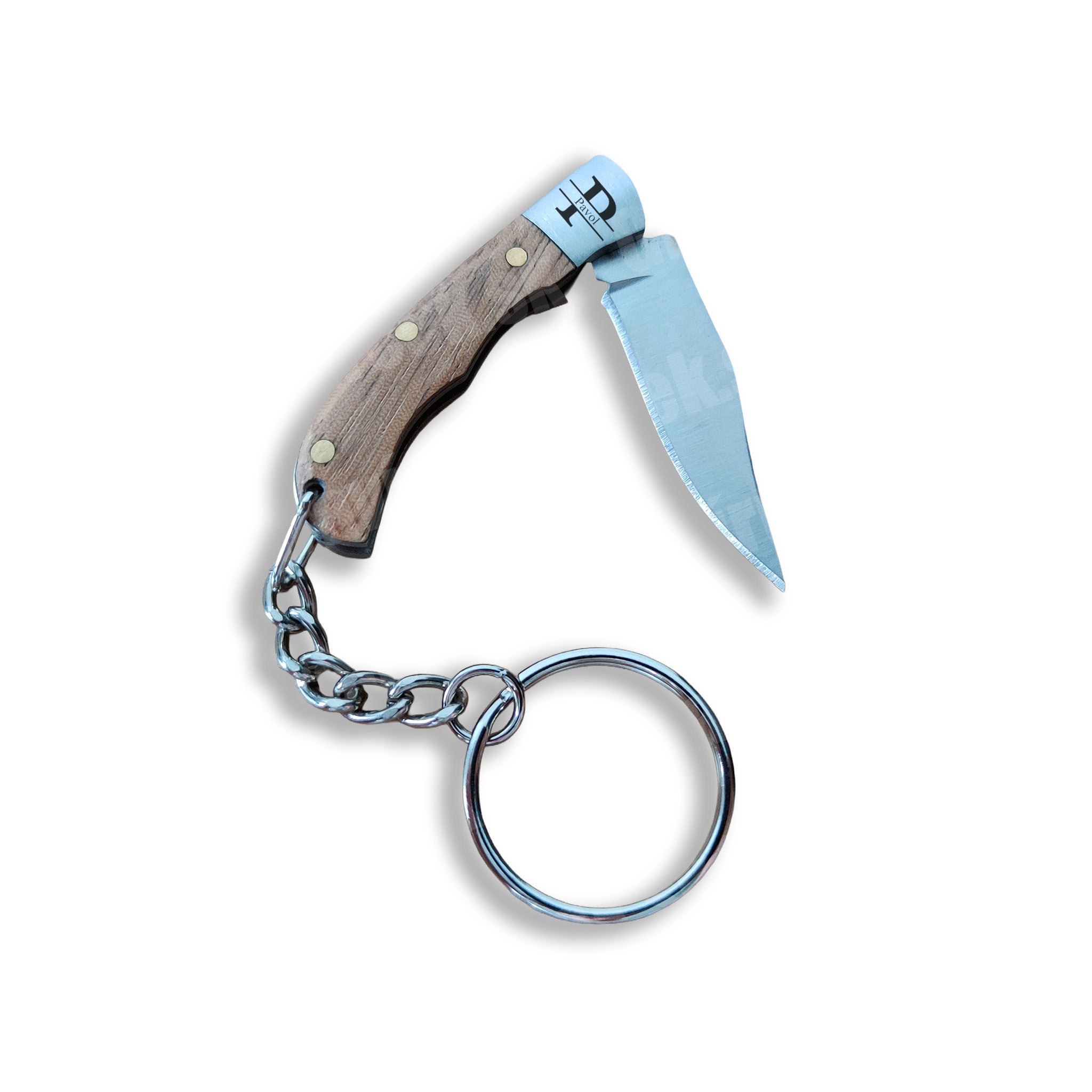 Otvorená kovová kľúčenka Mini Knife (malý nožík) na bielom pozadí.